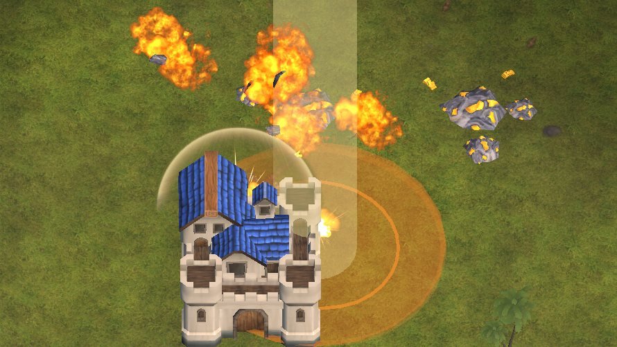 Solen's Sunfire: a pillar of light and bursts of flame around a keep